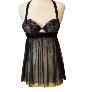 NWT Victoria’s Secret Lace Mesh Black Halter Teddy Babydoll Lingerie Nightie 32B